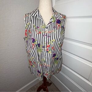 Chico’s Stripe Floral Mix Print Button Front Sleeveless Shirt Blouse Top Chicos